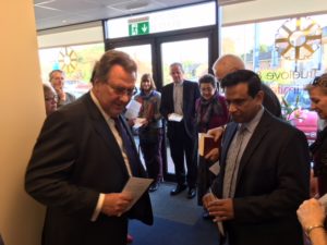 Mr Simon Truelove, Managing Director of W A Truelove & Son Ltd, in conversation with Cllr Raj Haque of Fetcham West.